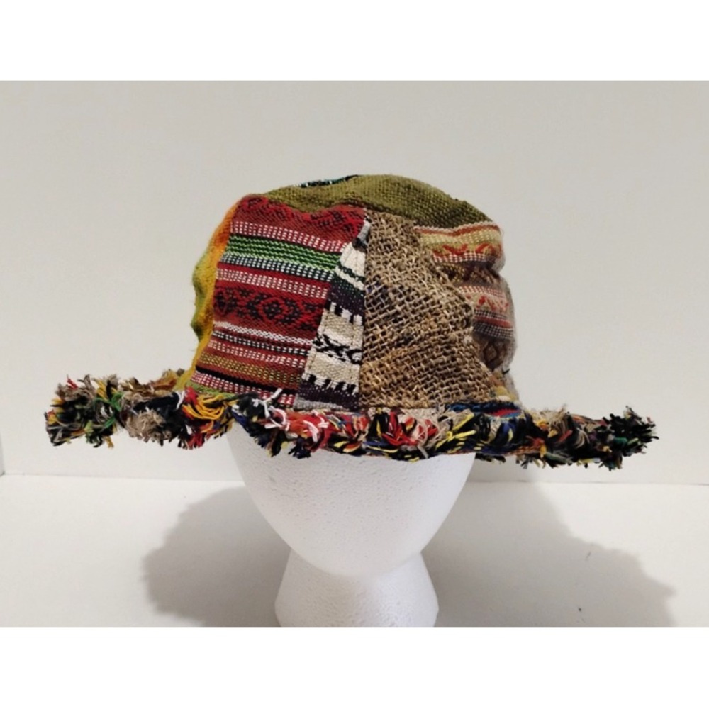Patchwork Floppy Bucket Hat Wire Brim w Fringe Bendable Hemp Cotton Nepal Boho